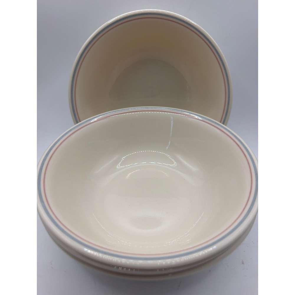 4 Corelle ENGLISH BREAKFAST Cereal Bowls Sandstone Blue & Pink Bands
